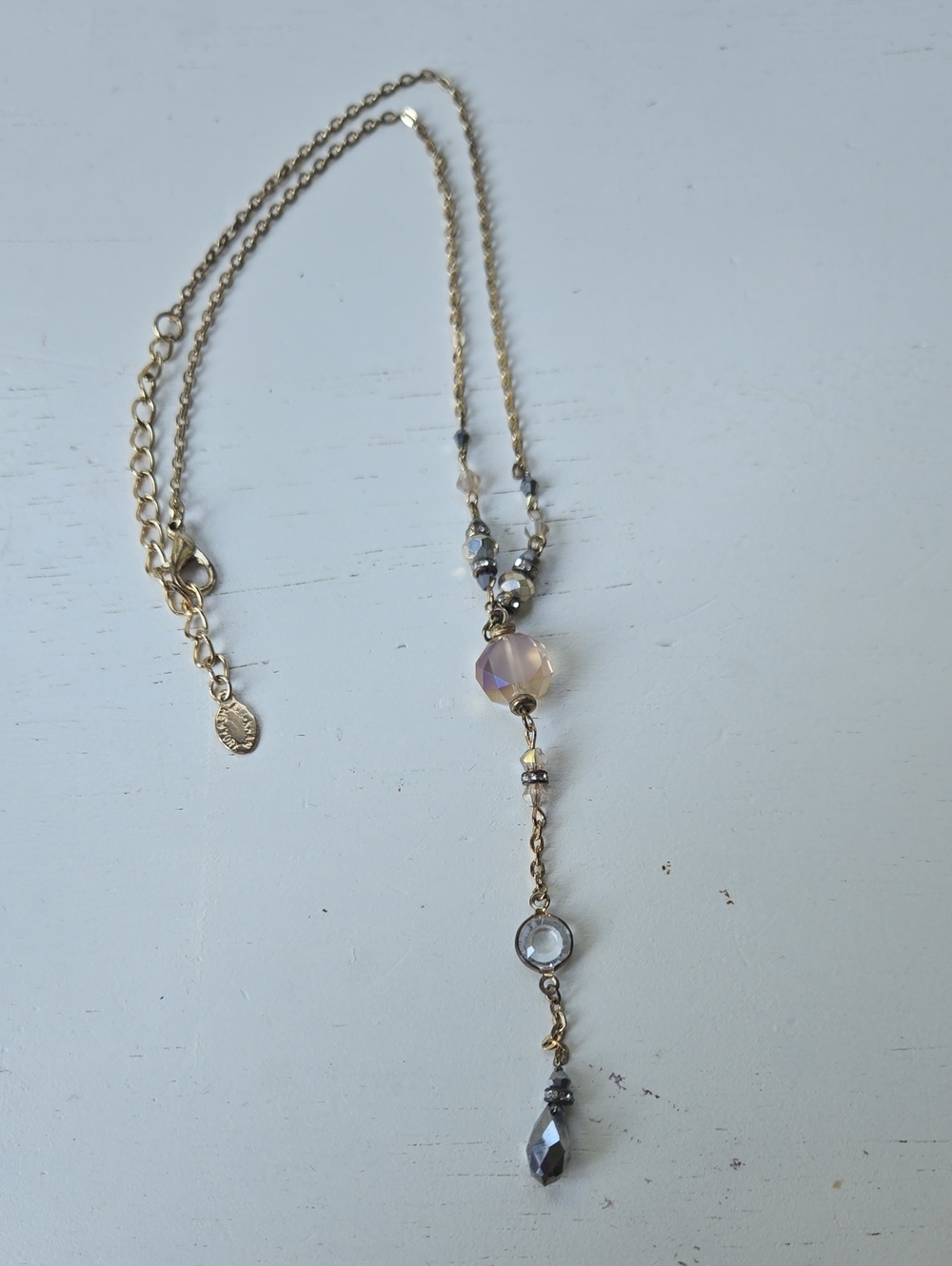 Delicate Gold Y-Style Crystal Pendant Necklace - Pink Accents